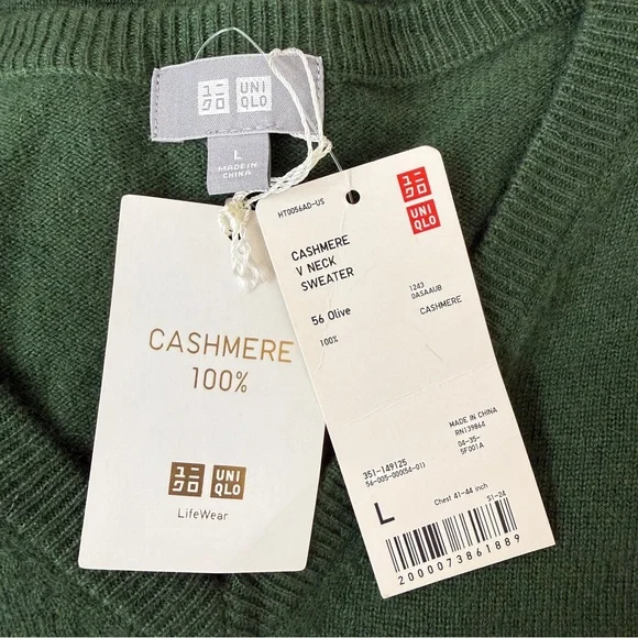 Uniqlo Men's 100% Cashmere V-Neck Sweater Dark Green L